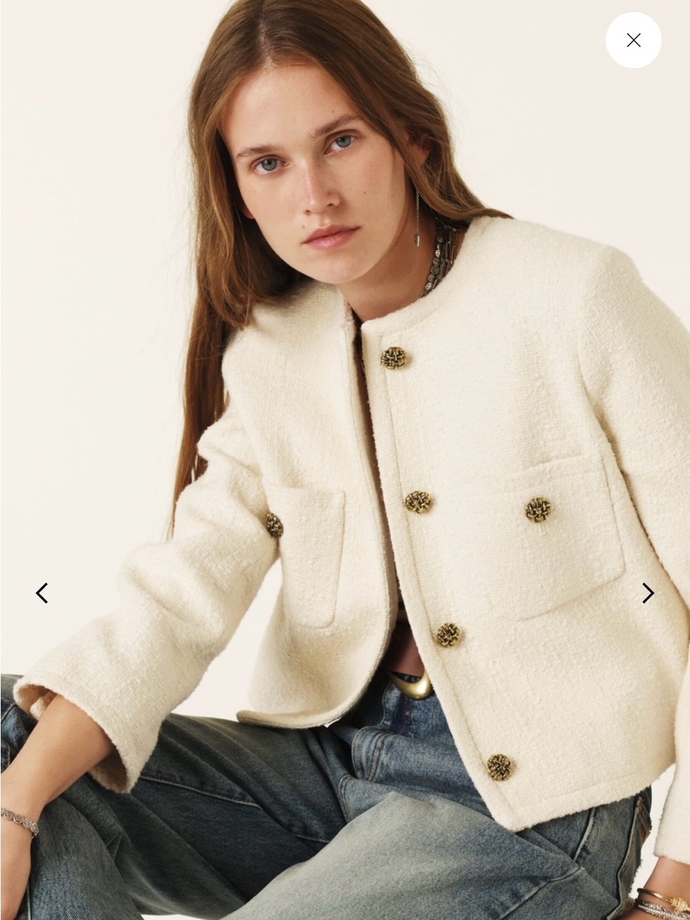 ba&sh Meredith Ecru Bouclé Collarless Jacket with Gold Buttons